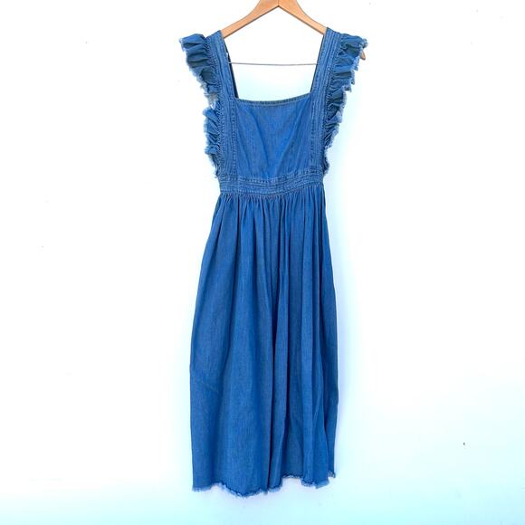 Silence + Noise Denim Jean Apron Midi Dress Fringe Boho Cottagecore XS Cotton - Picture 2 of 10